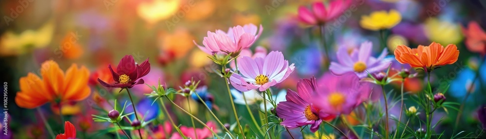 Vibrant field of blooming wildflowers in a mix of colors, showcasing the beauty of nature in springtime with a soft, blurred background Vibrant field of blooming wildflowers in a mix of colors, showcasing the beauty of nature in springtime with a soft, blurred background