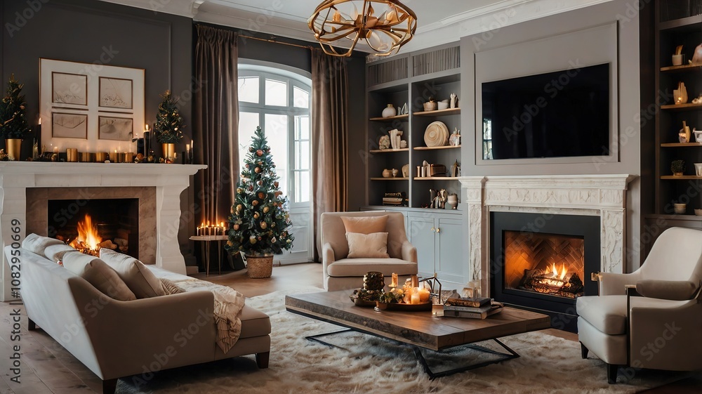Cozy interior with a fireplace - festive mood, decor. Cozy interior with a fireplace - festive mood, decor.