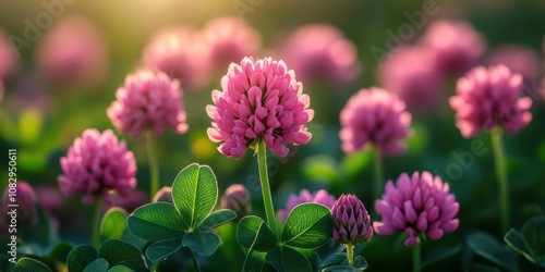 A stunning field of vibrant pink clover blossoms basking in the warm glow of a sunset, highlighting the beauty of nature's intricate floral designs