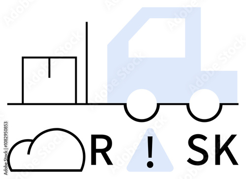 Forklift nearing a box with a caution symbol forming part of the word RISK. Ideal for logistics, warehouse safety, transportation risks, industrial hazards, caution advisories, workplace safety