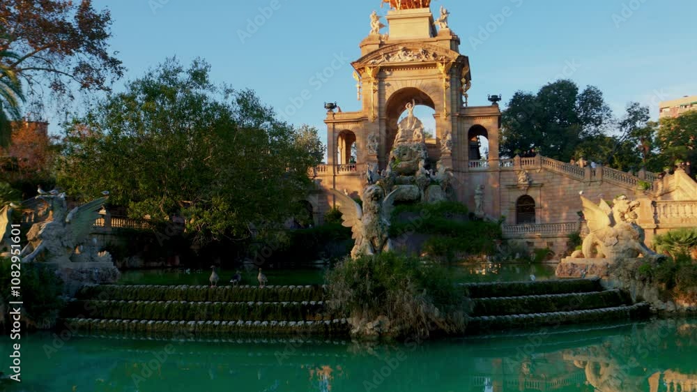 walking in Ciutadella Park in Barcelona, Spain at sunset, beautiful tourist spot in Barcelona, gimbal shot of fountain in Ciutadella park walking in Ciutadella Park in Barcelona, Spain at sunset, beautiful tourist spot in Barcelona, gimbal shot of fountain in Ciutadella park