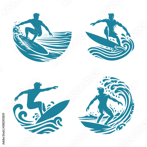 vector set of silhouette icon of a surfer on the ocean waves