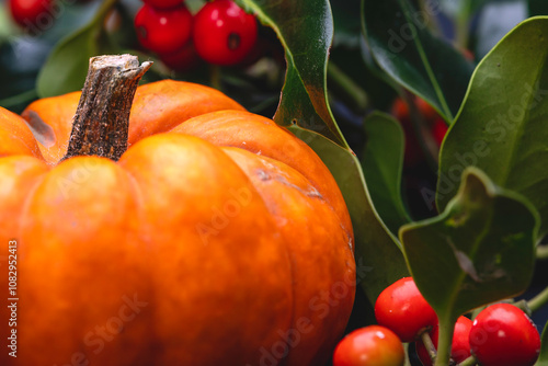A studio macro shot for a theme of Equinox, which has just seen us enter Autumn, with a miniature pumpkin set against foliage and berries from a holly bush, both signifiers that Autumn has arrived.  