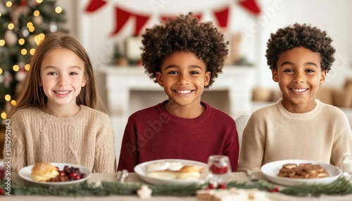 Three smiling children sitting at a Christmas dinner table.