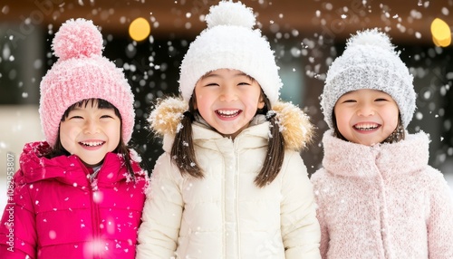 Three young girls in winter clothing smiling and laughing in the snow.