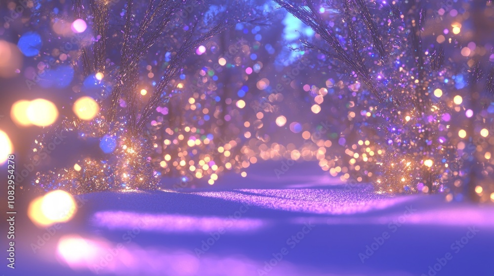 Enchanting Winter Wonderland: 3D Render of Glittering Trees and Bokeh Lights for Magical Christmas Atmosphere Enchanting Winter Wonderland: 3D Render of Glittering Trees and Bokeh Lights for Magical Christmas Atmosphere