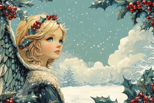 holiday angel illustration, festive angel artwork with a holly border, against a tranquil winter backdrop photo