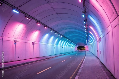 A tunnel bathed in pastel hues of pink and blue as lights dance across the walls, serene, glow, soothing