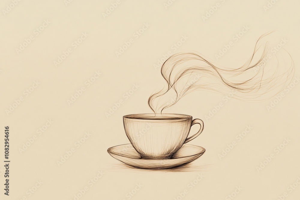 Obraz premium Steaming cup of coffee with saucer in a pencil sketch style on a light beige background. Minimalistic artwork. Coffee and relaxation concept. Design for poster, banner, invitation, greeting card.