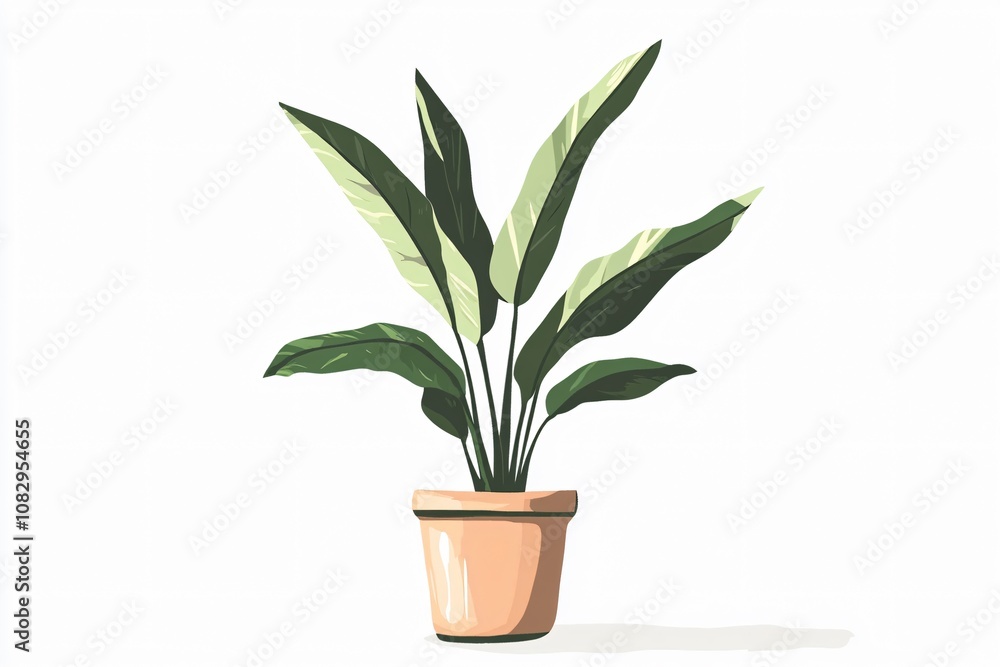 Simplified potted green plant with bold leaves in a light beige background Simplified potted green plant with bold leaves in a light beige background