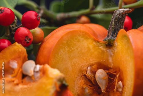 A studio macro shot for a theme of Equinox, which has just seen us enter Autumn, with a miniature pumpkin cut open' focussed on a single pip, and set against foliage and berries from a holly bush, 
