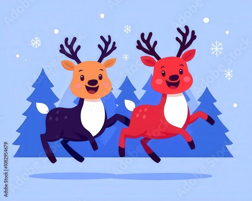 Two cartoon reindeer running in a snowy forest.