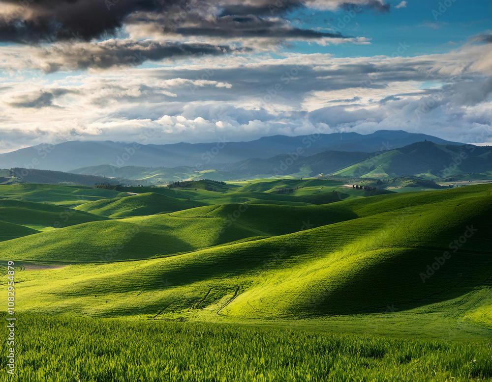 Fototapeta premium Sunlight breaks through dramatic clouds to illuminate rolling green hills creating a stunning pastoral landscape with patches of light and shadow.