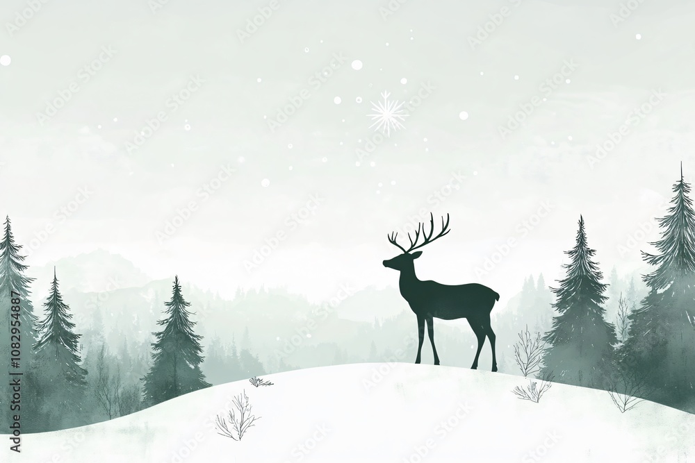 Silhouette of a deer on a snowy landscape surrounded by frosty trees under a pale winter sky Silhouette of a deer on a snowy landscape surrounded by frosty trees under a pale winter sky