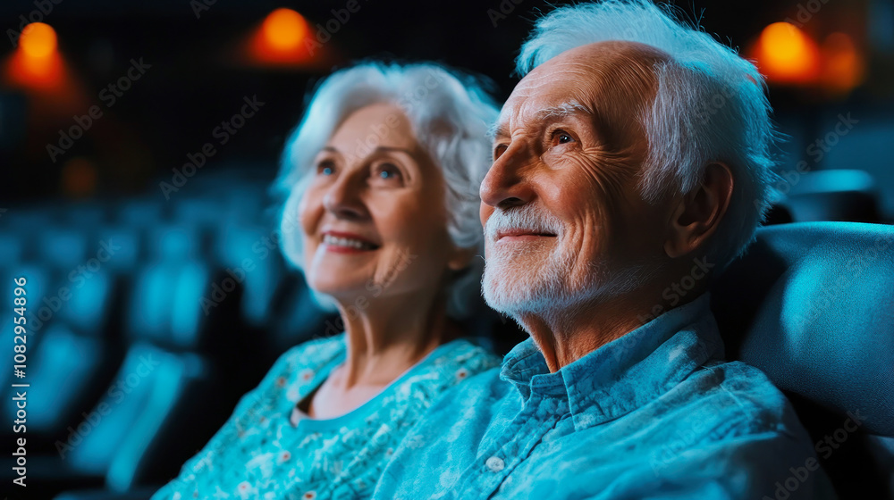Elderly couple enjoying a movie together at a cinema in the evening. Generative AI Elderly couple enjoying a movie together at a cinema in the evening. Generative AI