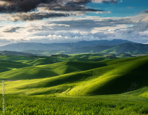 Sunlight breaks through dramatic clouds to illuminate rolling green hills creating a stunning pastoral landscape with patches of light and shadow.