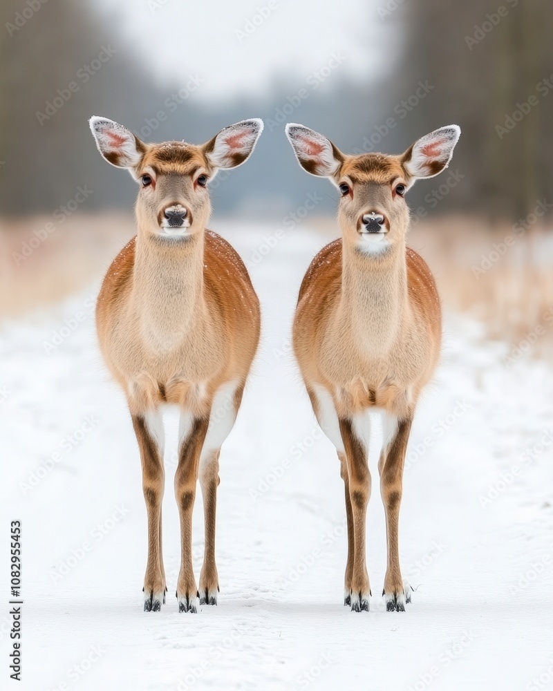 Two deer stand on a snowy path, looking directly at the camera. Two deer stand on a snowy path, looking directly at the camera.