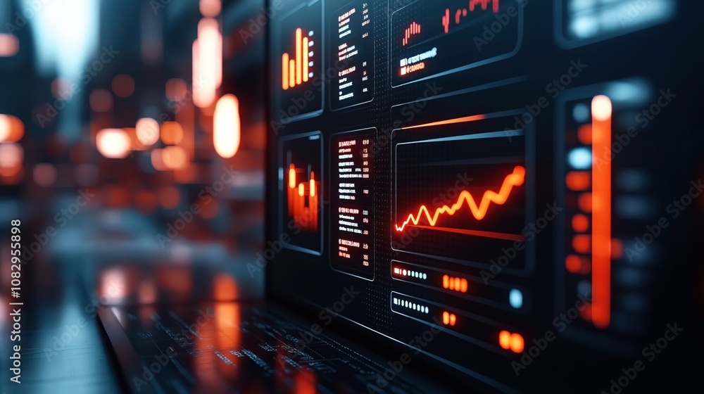 Futuristic digital display featuring red graphs and charts on screens in a dark setting, indicating financial data or analytics in a tech environment. Futuristic digital display featuring red graphs and charts on screens in a dark setting, indicating financial data or analytics in a tech environment.