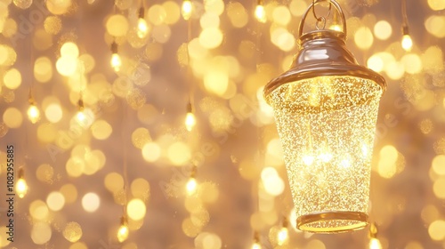 Glittering Holiday Lantern Illuminating Christmas Nights in 3D Render with Ultra-Detailed Sparkle and Soft Bokeh Backdrop