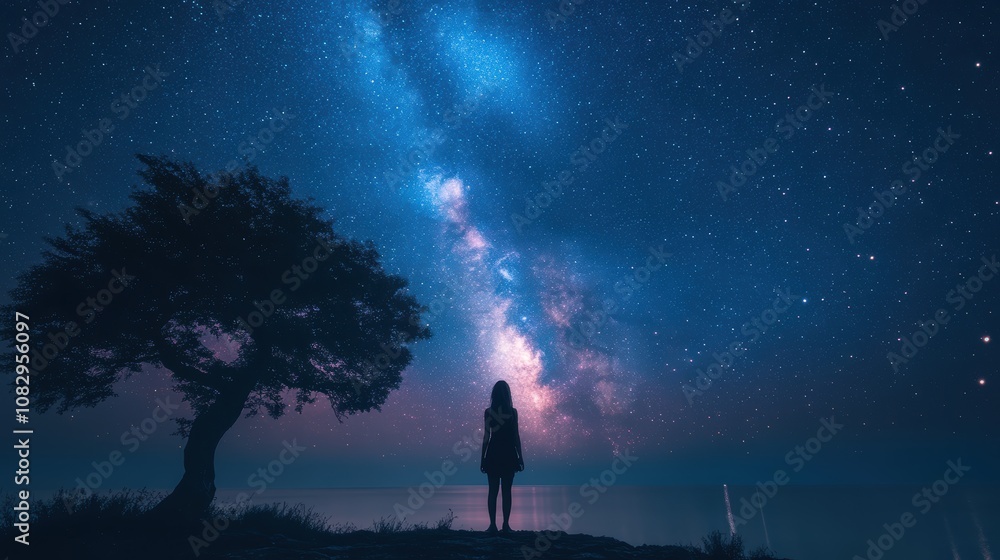 A lone silhouette stands under a starry sky, gazing at the awe-inspiring Milky Way with a serene tree nearby, reflecting the wonders of the universe A lone silhouette stands under a starry sky, gazing at the awe-inspiring Milky Way with a serene tree nearby, reflecting the wonders of the universe
