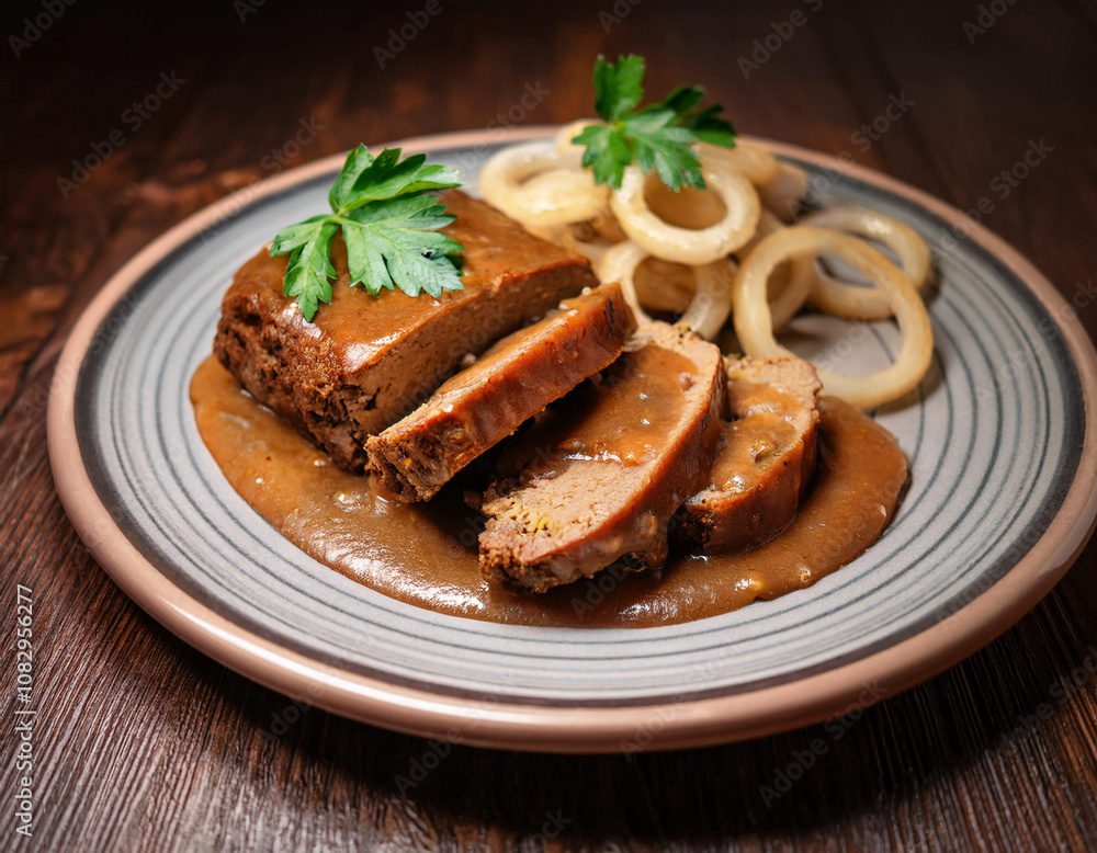 Sliced meatloaf is served on a gray ceramic plate with onion rings, parsley garnish, and rich brown gravy sauce. Sliced meatloaf is served on a gray ceramic plate with onion rings, parsley garnish, and rich brown gravy sauce.
