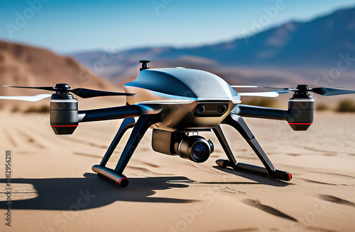 Drone with camera, Drone flies against the background of the desert, unmanned flying object, Drone hovering in the air and recording. Close-up. No war. Concept.