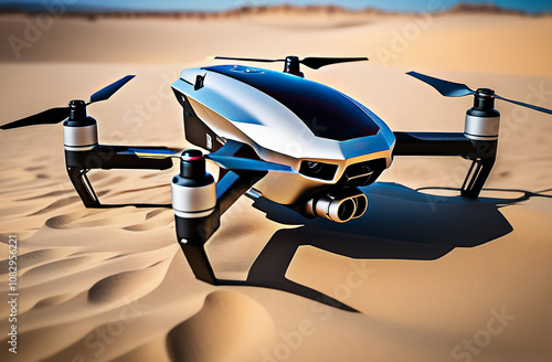 Drone with camera, Drone flies against the background of the desert, unmanned flying object, Drone hovering in the air and recording. Close-up. No war. Concept.