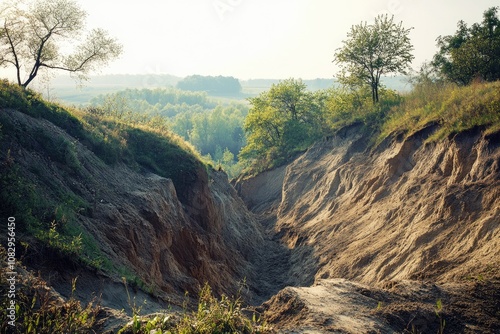 Spring Landscape of Ukraine: Scenic View of Erosion-Impacted Ravine and Gully