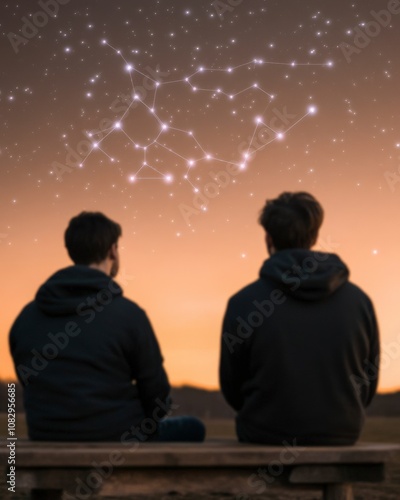 Two men silhouetted against a sunset sky, gazing up at a constellation of stars.