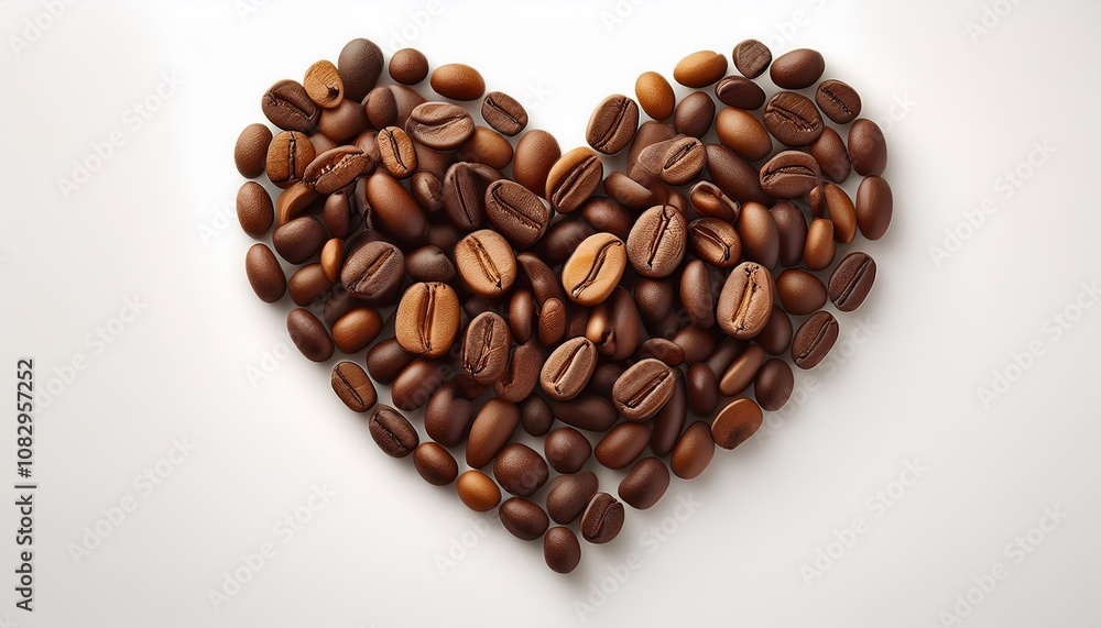 coffee beans arranged in a heart shape on a white background, top view coffee beans arranged in a heart shape on a white background, top view