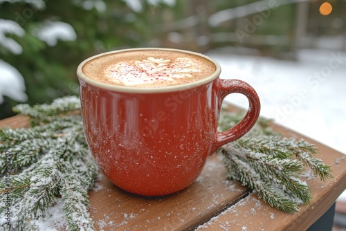 winter coffee scene, a red mug filled with peppermint mocha coffee sits on a snowy outdoor deck table adorned with evergreen branches, perfect for text photo