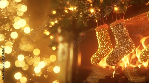 Glittering Holiday Fireplace with Sparkling Stockings and Bokeh Lights, Perfect for Festive Gatherings | Ultra-Detailed 3D Render