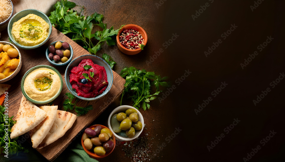 A delicious Mediterranean appetizer platter featuring creamy hummus, vibrant red pepper dip, assorted fresh olives, and warm pita bread, perfect for sharing and enjoying as a healthy snack or starter. A delicious Mediterranean appetizer platter featuring creamy hummus, vibrant red pepper dip, assorted fresh olives, and warm pita bread, perfect for sharing and enjoying as a healthy snack or starter.