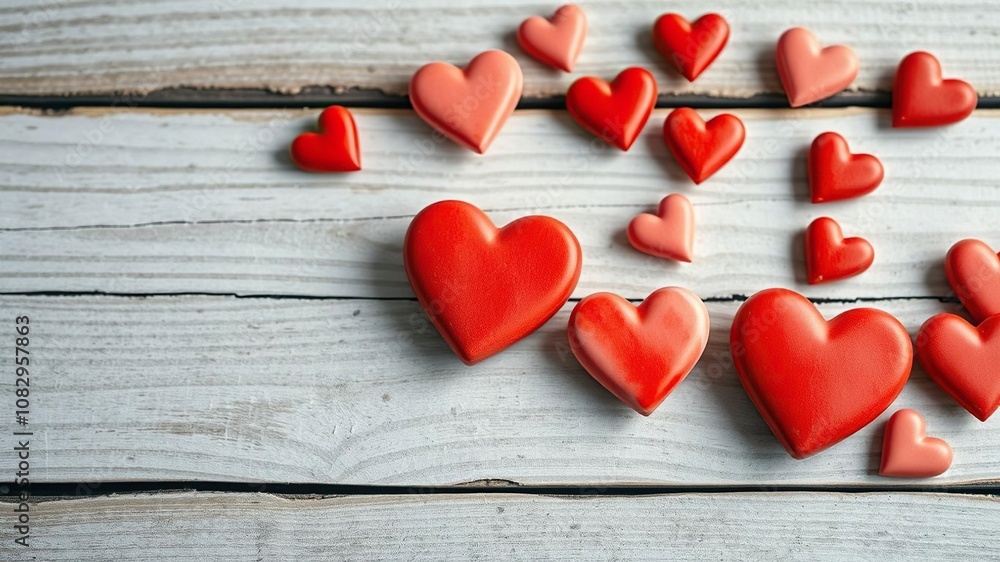 Fototapeta premium A delicate arrangement of small watercolor hearts in various shades of red on a distressed wooden surface, feminine touch, nature inspired
