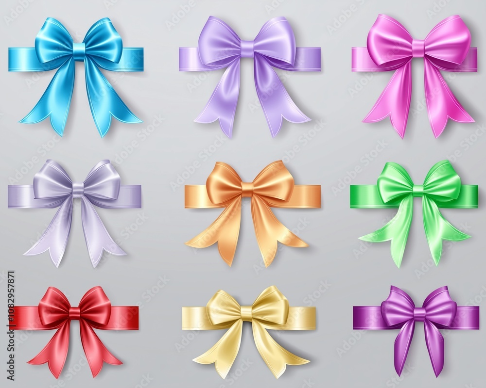 Collection set of many colorful satin gift ribbons and bows, Christmas or birthday or Valentines Day holiday celebration Collection set of many colorful satin gift ribbons and bows, Christmas or birthday or Valentines Day holiday celebration
