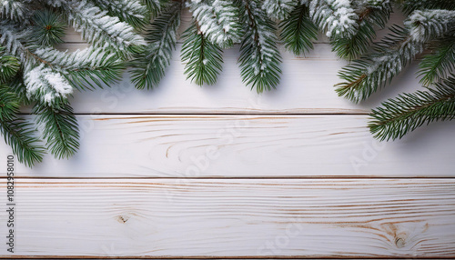 Snow-dusted evergreen branches frame a white wooden plank background, creating a simple winter or holiday-themed setting. copy space for your design