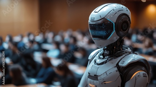 Ai robot lecturer in modern classroom with blurred students