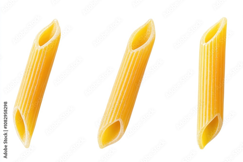 Three Distinct Penne Pasta Pieces Against a Pure White Backdrop Three Distinct Penne Pasta Pieces Against a Pure White Backdrop