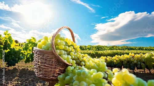A basket full of grapes is shown in a field with a blue sky in the background. The grapes are ripe and ready to be picked