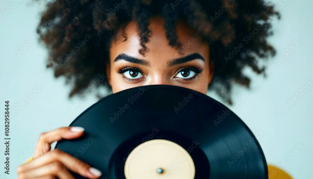 Portrait of beautiful black young girl with afro hair hiding behind vinyl record, shy woman, people lifestyle background