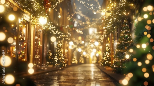 Wallpaper Mural Festive Christmas Street Scene with Glittering Storefronts and Twinkling Bokeh Lights | Ultra-Detailed 3D Render Digital Artwork Torontodigital.ca