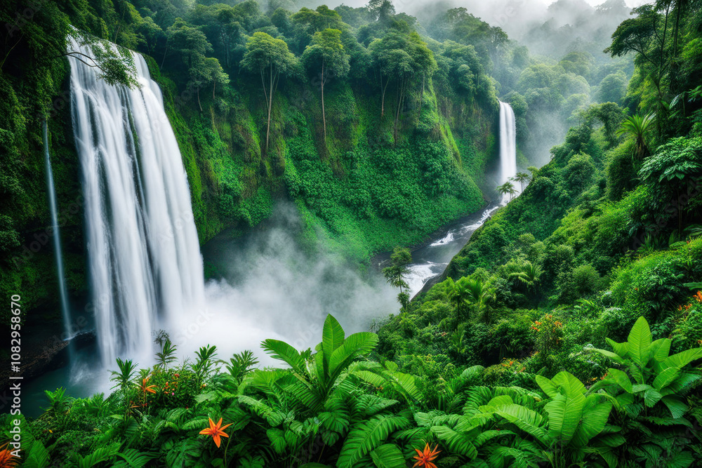 Twin waterfalls cascade down lush green cliffs into a misty valley. Twin waterfalls cascade down lush green cliffs into a misty valley.