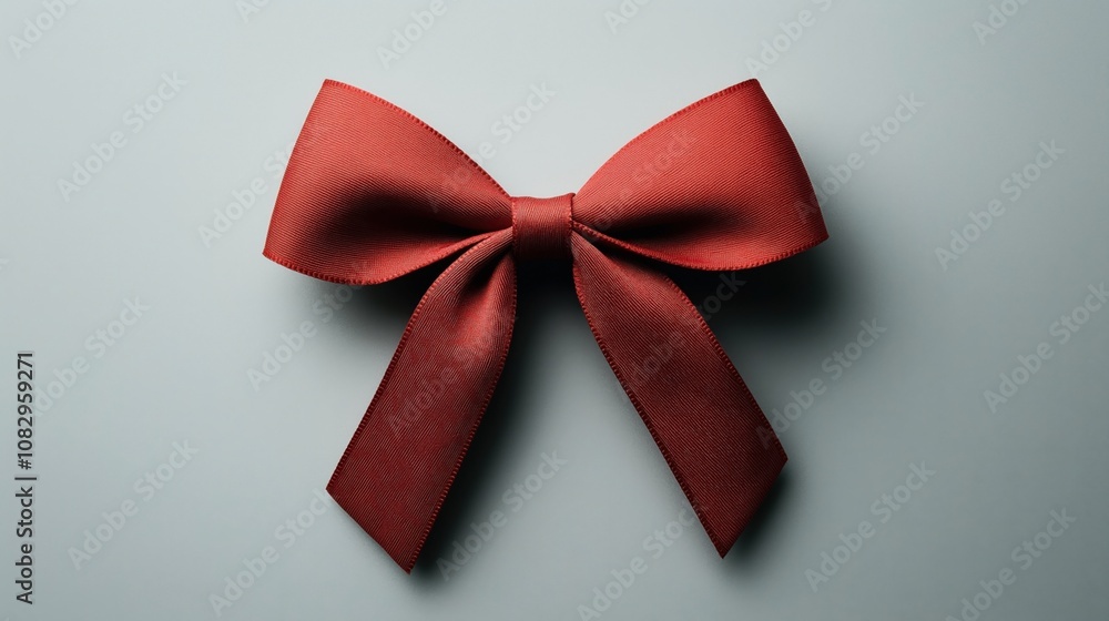 Elegant red fabric ribbon bow with tails displayed against a minimalist light gray background