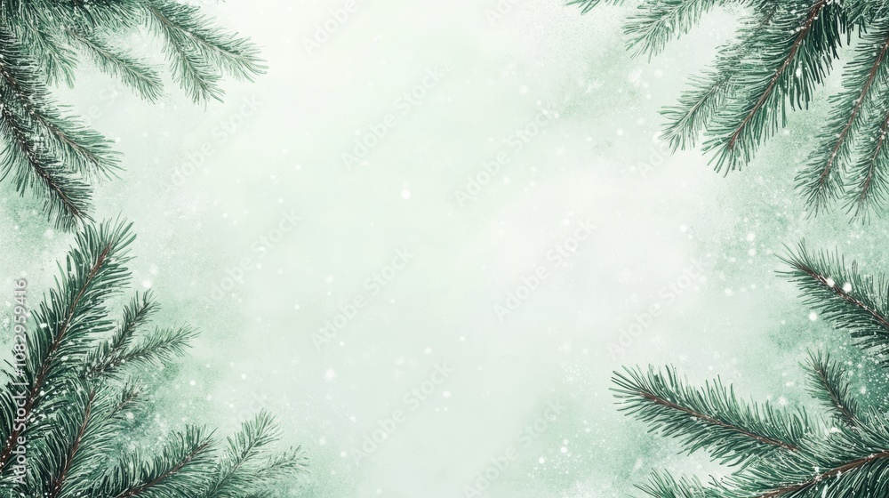 Festive pine branch frame on light pastel green background Festive pine branch frame on light pastel green background