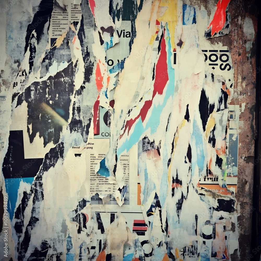 Fototapeta premium Collage art made from ripped newspaper, abstract form, grunge, paste on wall