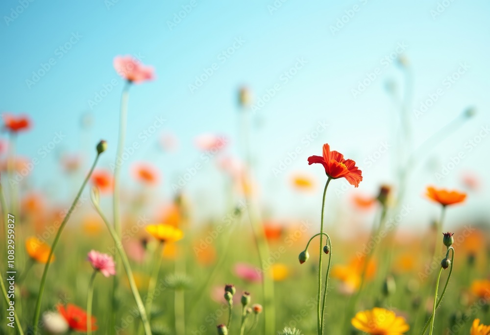 Naklejka premium Colorful wildflowers bloom in a sunny meadow during spring, showcasing a vibrant array of blossoms under a clear blue sky