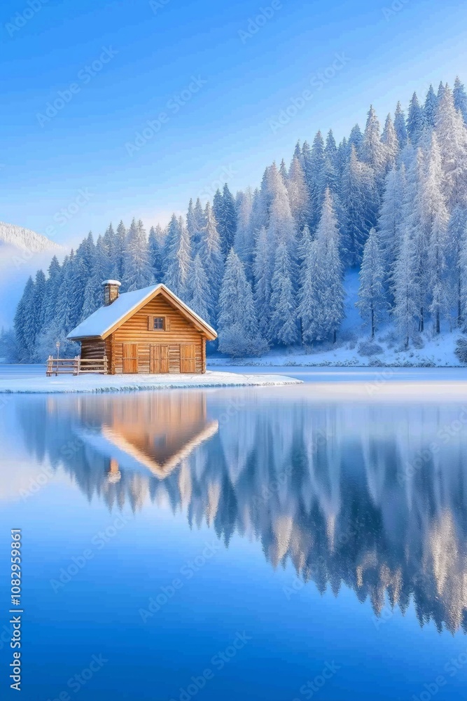 Idyllic wooden cabin on the shore of a frozen lake under frosty pine trees at dawn Idyllic wooden cabin on the shore of a frozen lake under frosty pine trees at dawn