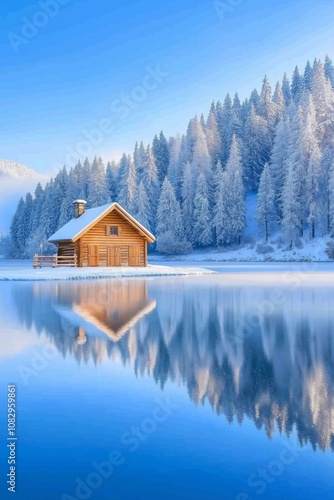 Idyllic wooden cabin on the shore of a frozen lake under frosty pine trees at dawn