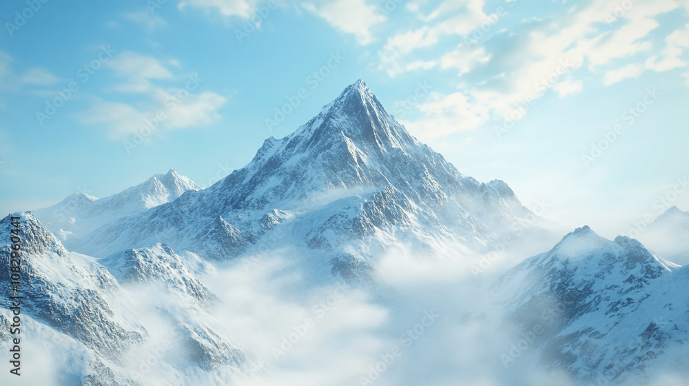 A stunning view of a snow-covered mountain peak, partially obscured by swirling clouds A stunning view of a snow-covered mountain peak, partially obscured by swirling clouds