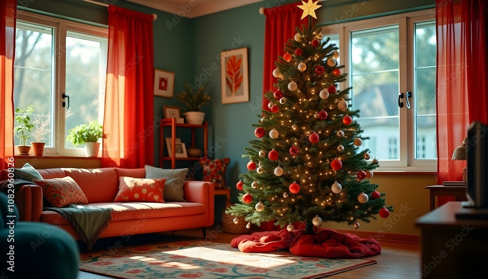 Eclectic home interior space with Christmas tree decorated in rich warm colors folk art style traditional contemporary design decorations Eclectic home interior space with Christmas tree decorated in rich warm colors folk art style traditional contemporary design decorations